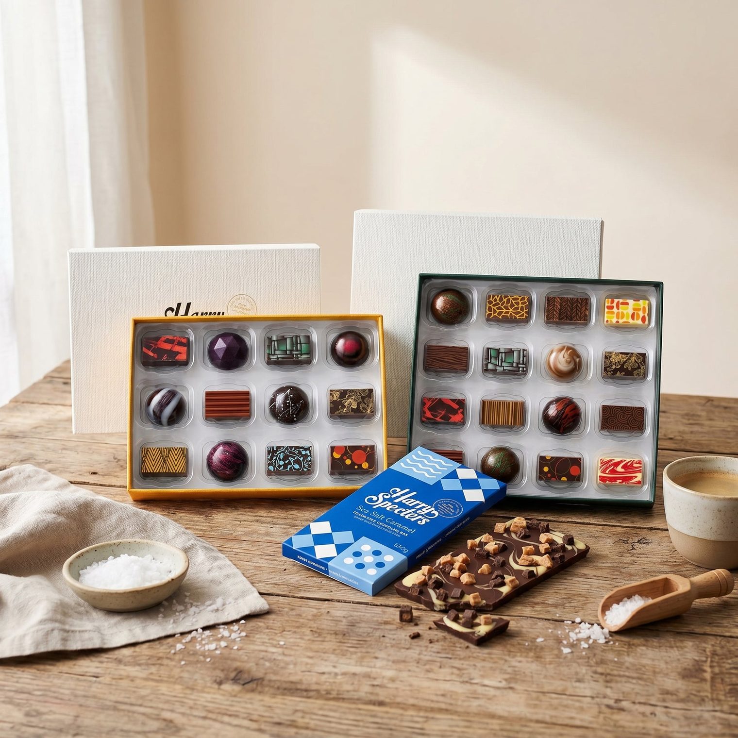 Harry Specters best-selling chocolate boxes, open on a table